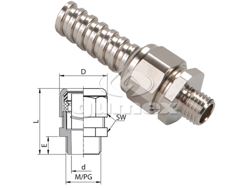 Konektor AU 159M pre chráničky METAL HOSE 101/VA 108, vonkajší závit M10x1, rozmer koncovky 10mm, IP40, -10°C/+110°C, poniklovaná mosadz
